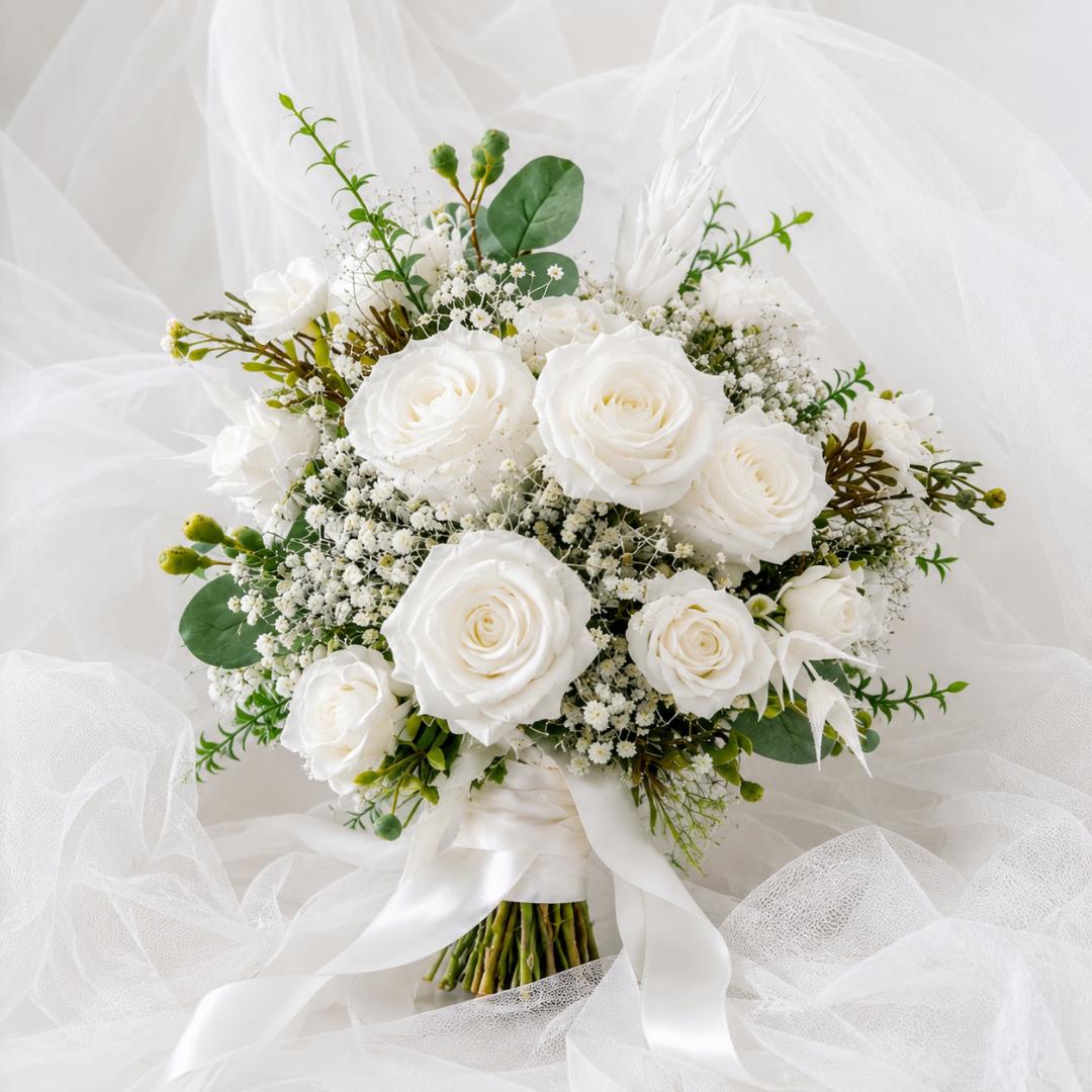 Brautstrauss  mit echten haltbaren Rosen und Kunst Blumen handgefertigt 