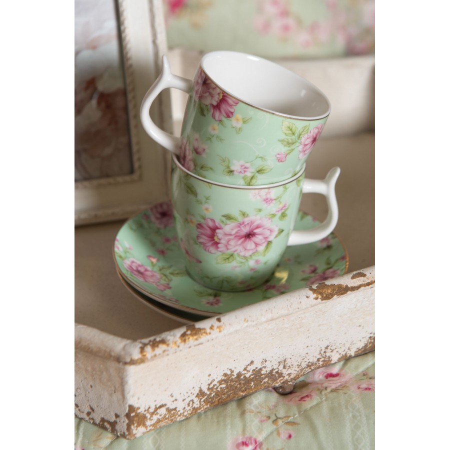 6CE1071 Kaffeetasse mit Unterteller 160 ml Mehrfarbig Porzellan Blumen Rund Tasse 