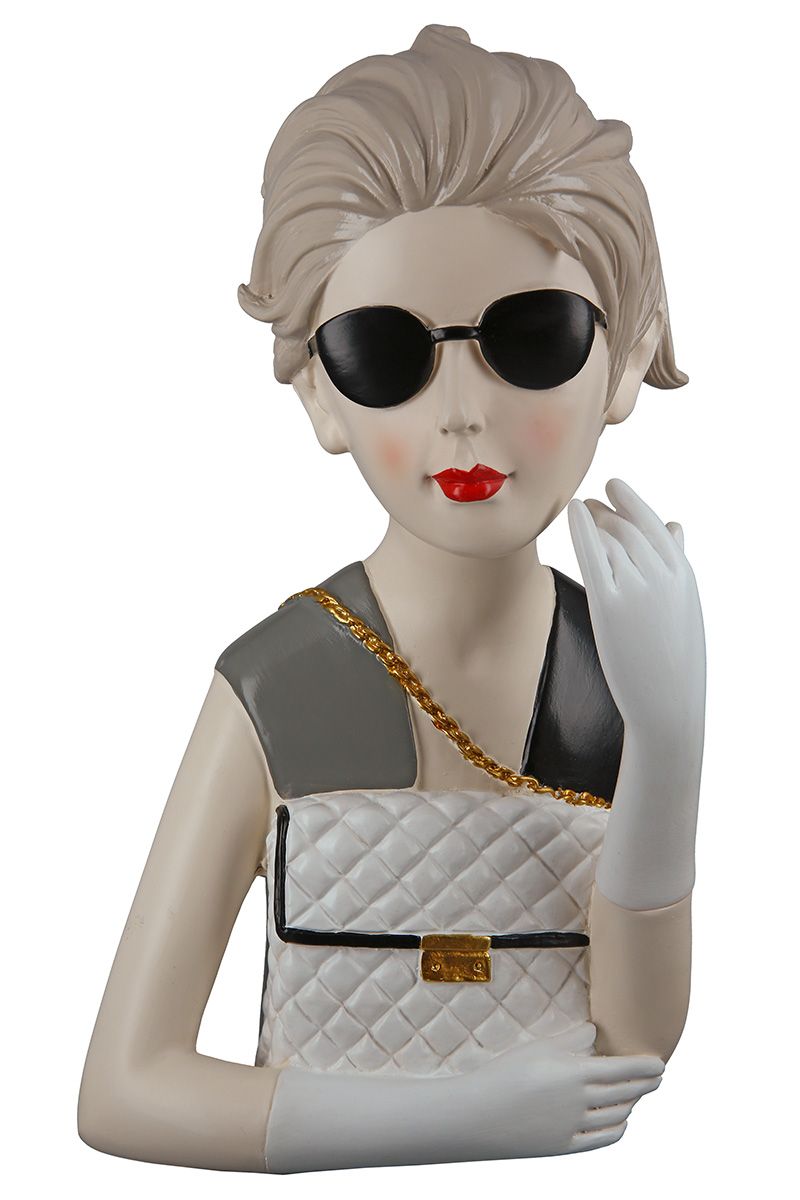 Figur Lady mit Handtasche grau/schwarzes Kleid, mit Sonnenbrille, handbemalt