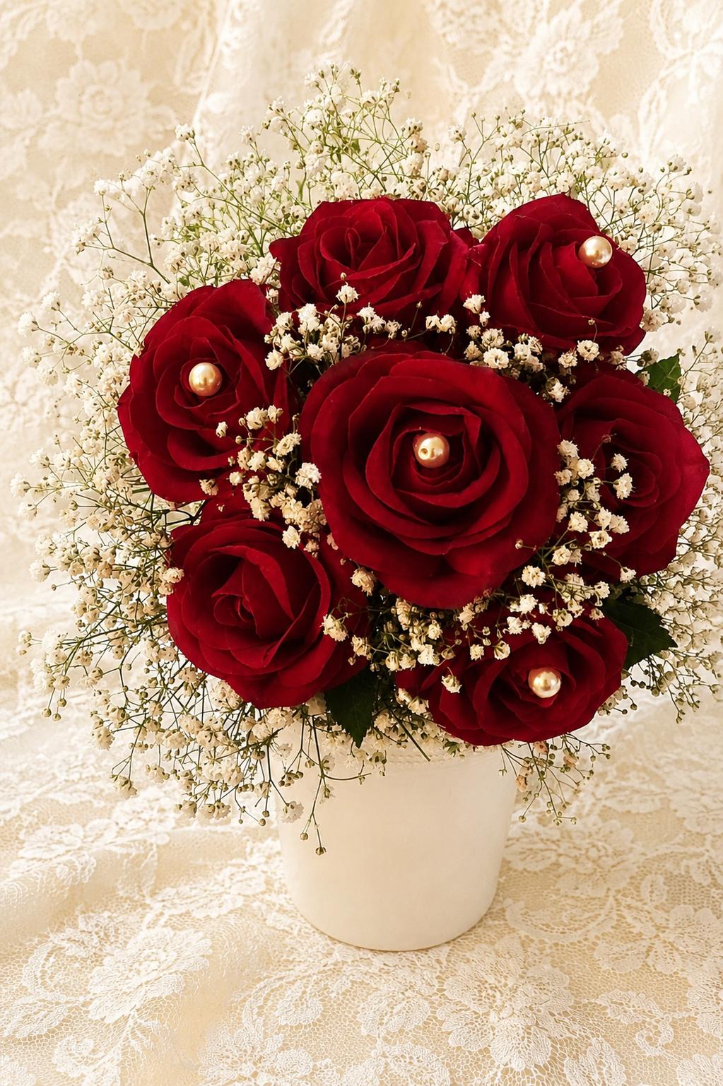 aBrautstrauß mit Kunstrosen Rosen rot echtem Schleierkraut