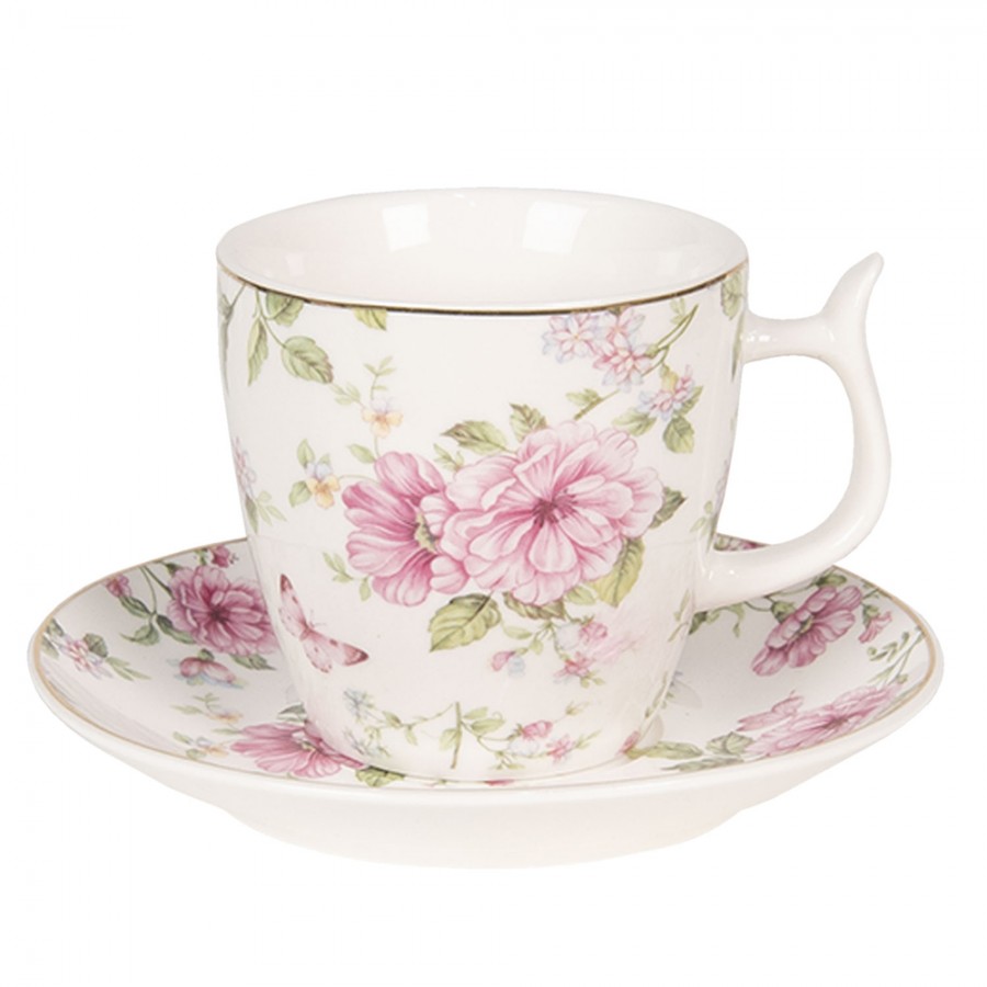 6CE1072 Kaffeetasse mit Unterteller 160 ml Mehrfarbig Porzellan Blumen Rund Tasse 