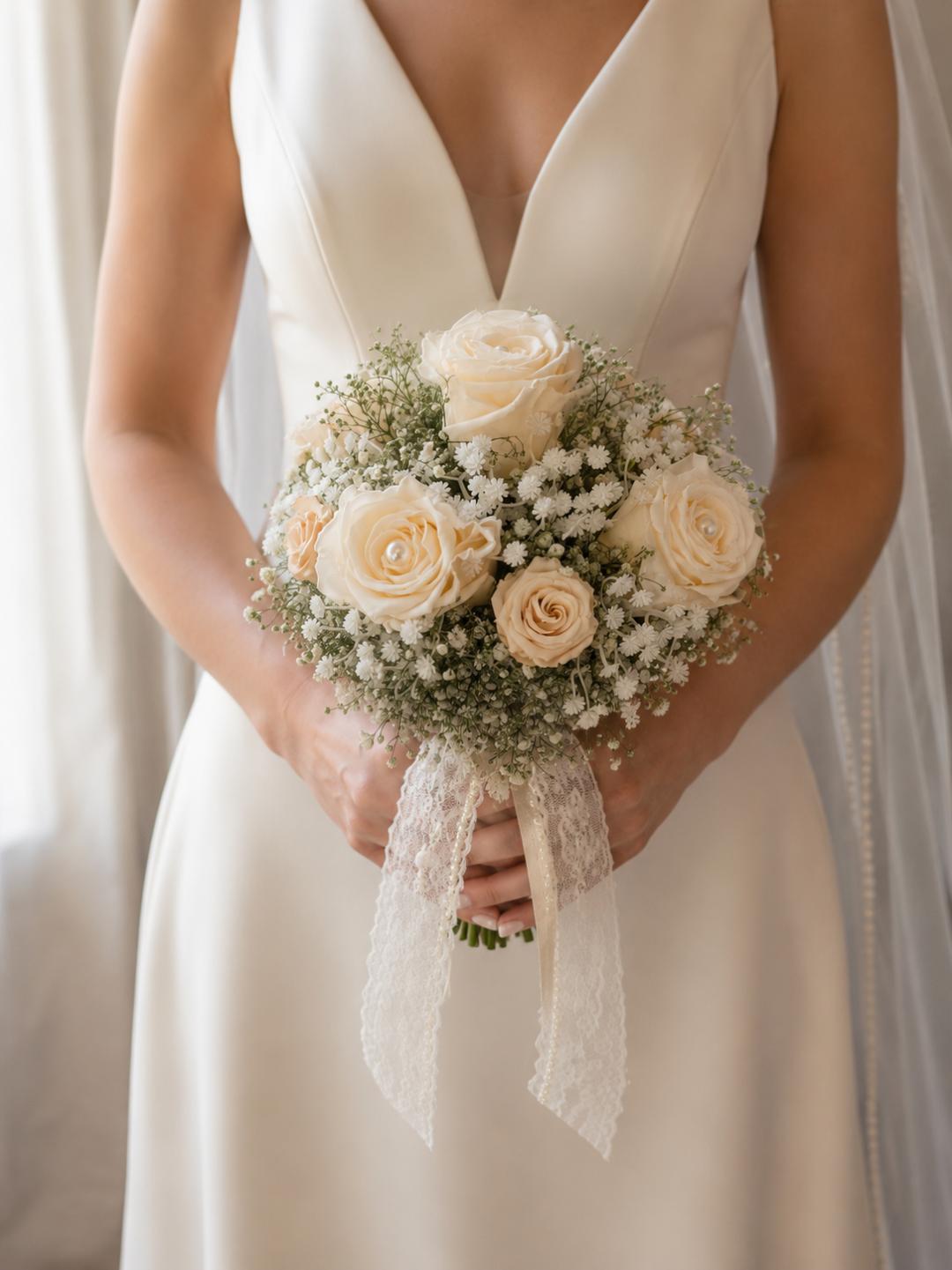 a/Brautstrauss mit echten haltbaren Rosen rosen creme Unikat