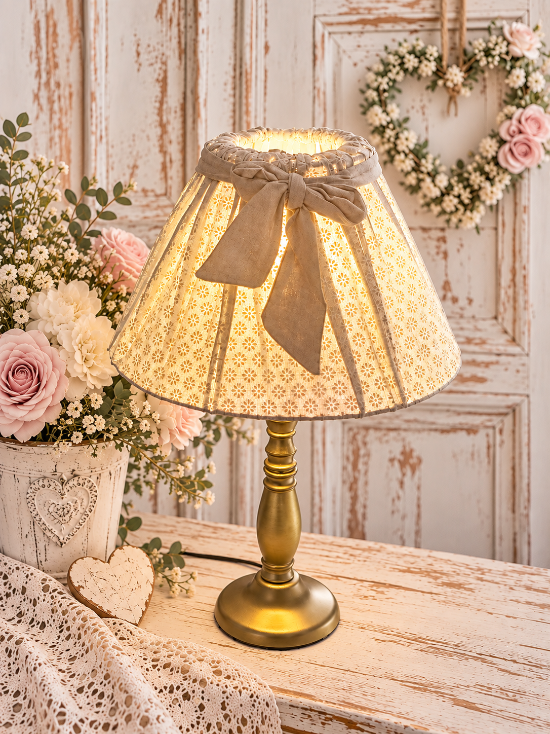 Clayre & Eef Lampe mit Gold Fuß und Schirm toupe ca.40cm