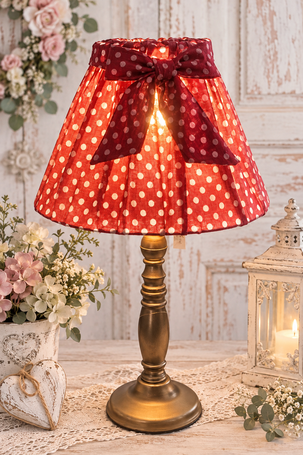 Clayre & Eef Lampe mit Gold Fuß und Schirm rot/weiss Punkten ca.40cm