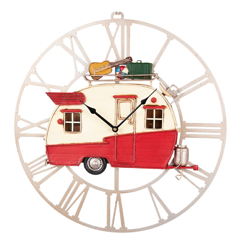 6KL0752 Wanduhr 48x50 cm Rot Braun Metall Wohnwagen Rund