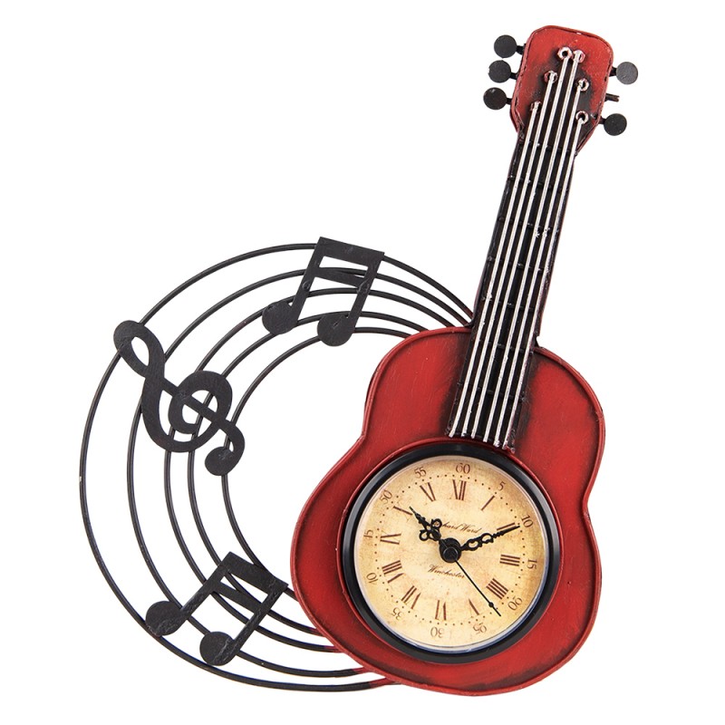 6KL0750 Wand Uhr Gitarre 28x22 cm Rot Metall Glas
