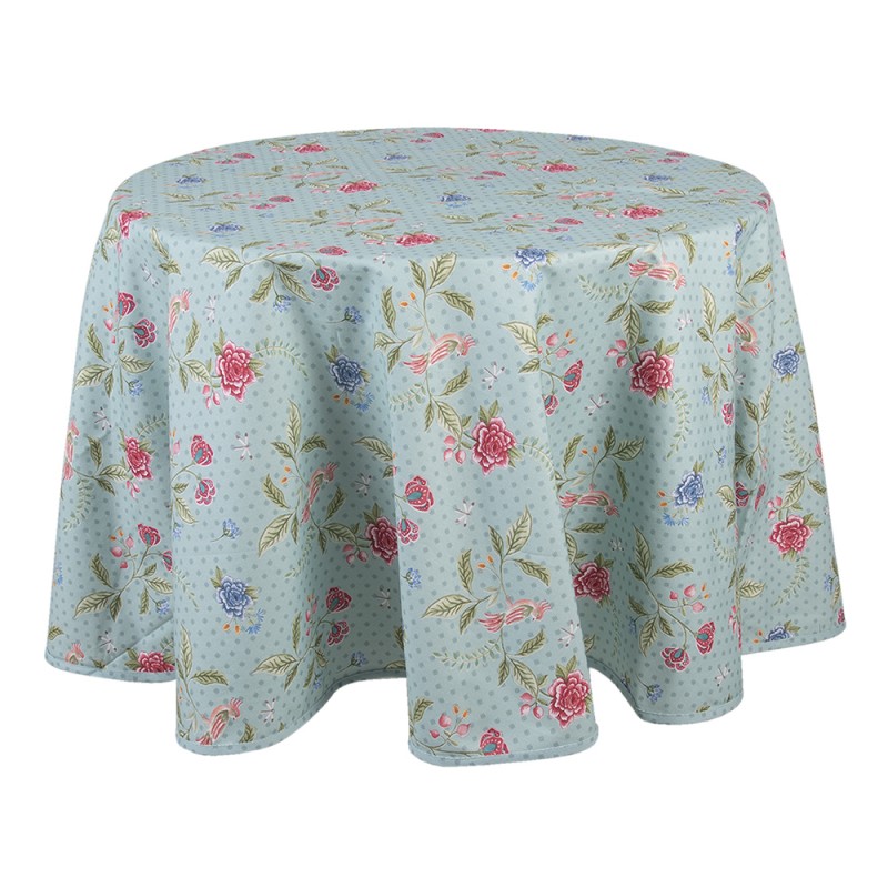 BLW07 RUNDE TISCHDECKE Ø 170 CM BLAU GRÜN BAUMWOLLE BLUMEN