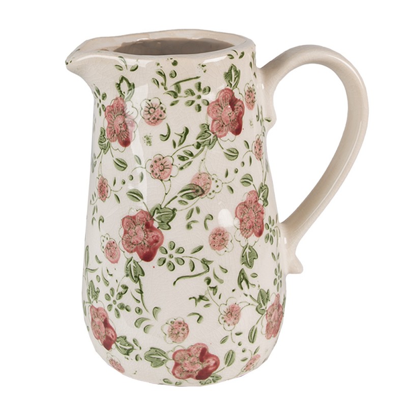 6CE1563M Wasserkrug 16x11x18 cm Rosa Beige Keramik Blumen Wasserkanne Deko Accessoires