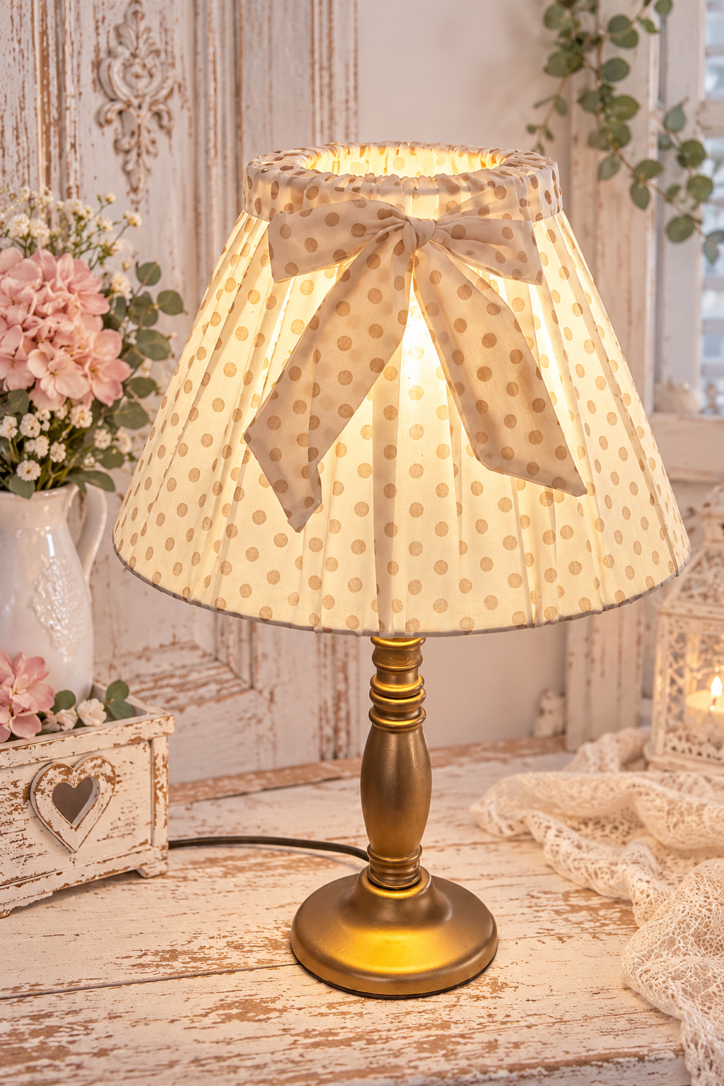 Clayre & Eef Lampe mit Gold Fuß und Schirm creme/weiss Punkten ca.40cm