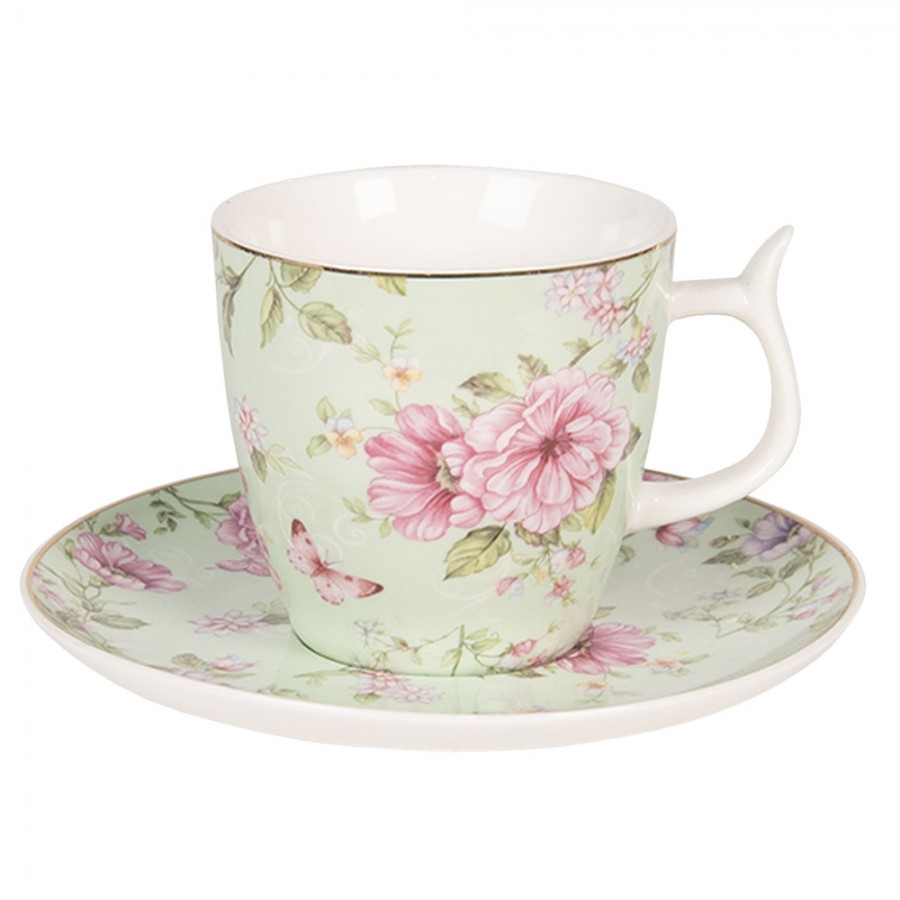 6CE1071 Kaffeetasse mit Unterteller 160 ml Mehrfarbig Porzellan Blumen Rund Tasse 