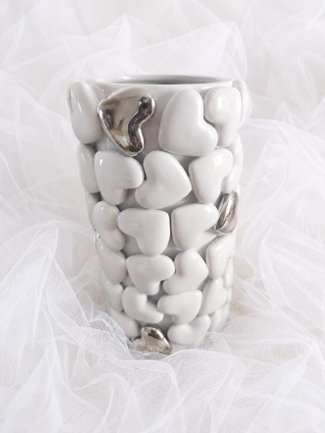 Blumenvase mit Herzen weiss/silber ca.45cm Gilde